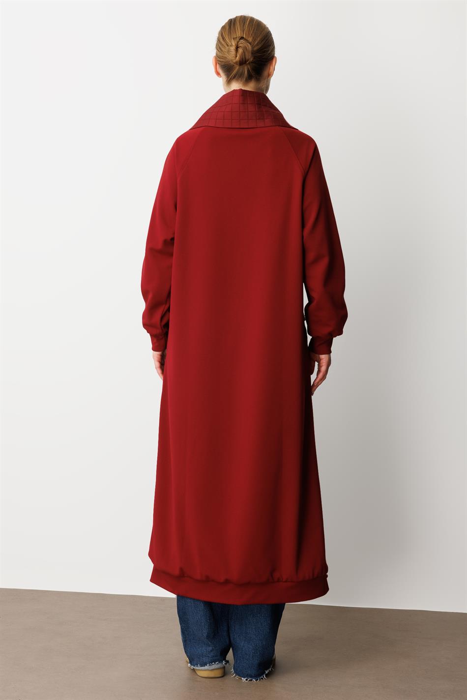 Kare Jakar Kapitone ve Krep Doku Mix Astarlı Mevsimlik Spor Trench Kap-Bordo