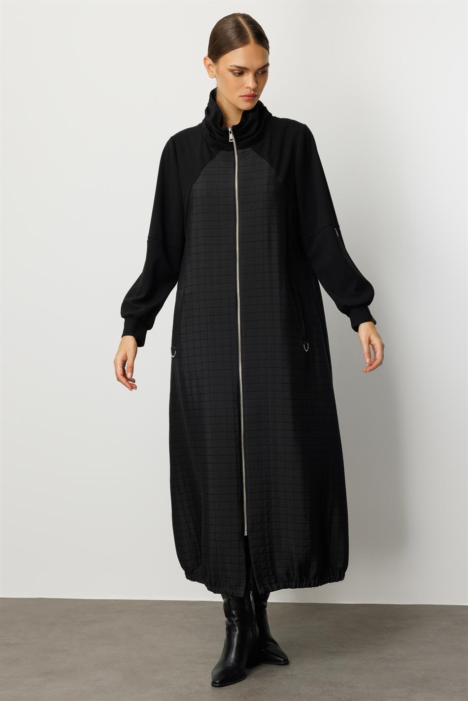 Sportlicher Trenchcoat mit Futter aus quadratischem Jacquard-Crêpe-Muster - Schwarz