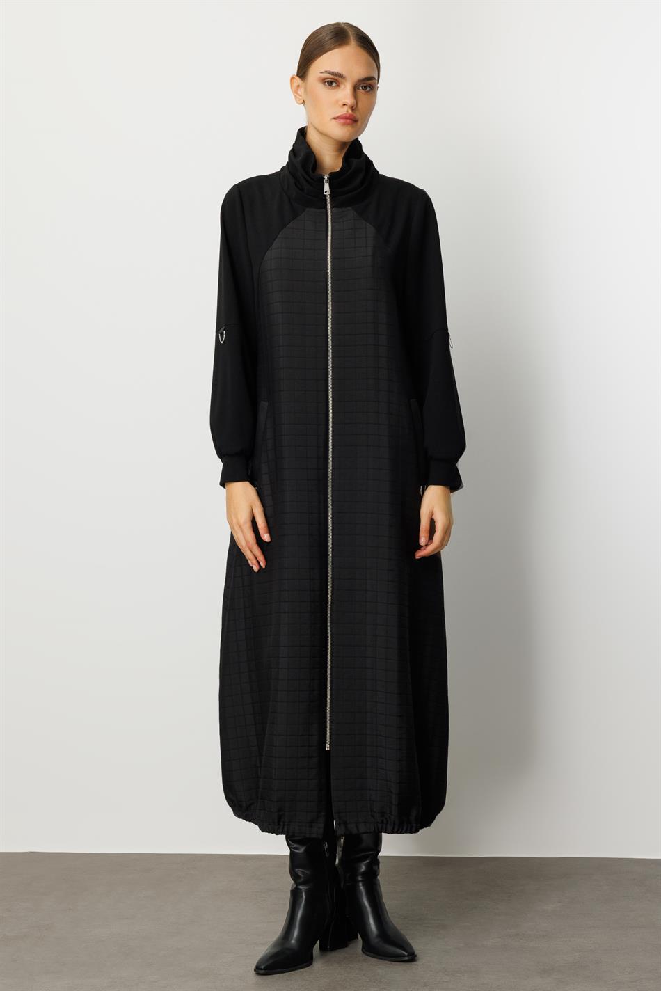 Sportlicher Trenchcoat mit Futter aus quadratischem Jacquard-Crêpe-Muster - Schwarz