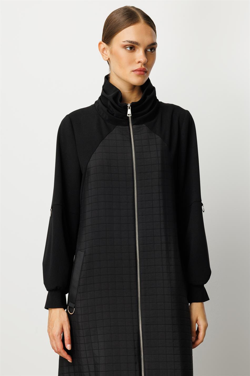 Sportlicher Trenchcoat mit Futter aus quadratischem Jacquard-Crêpe-Muster - Schwarz