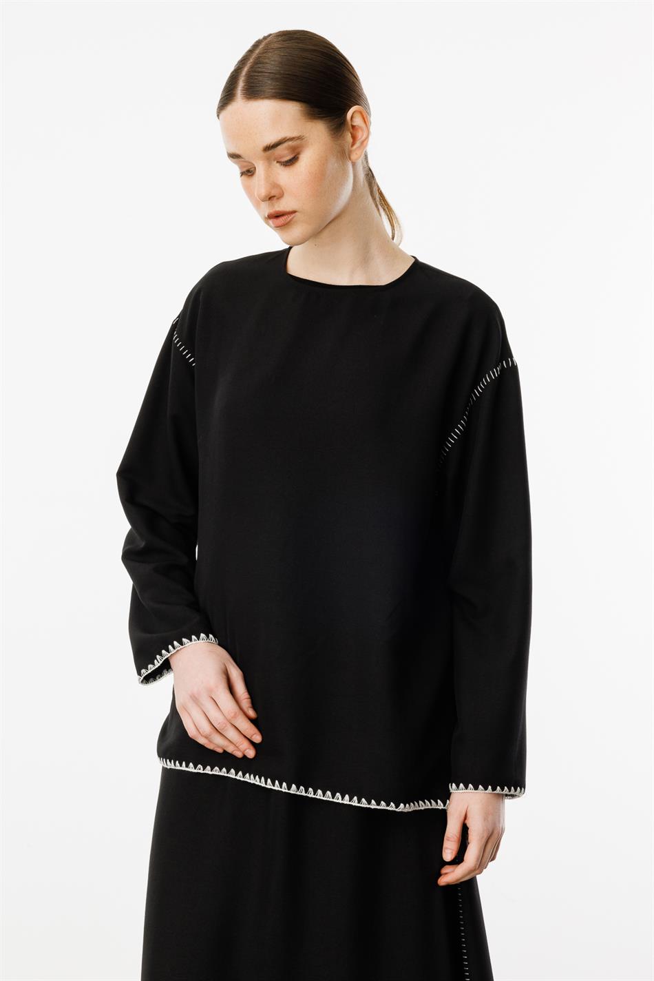 Kenar Nakış Detaylı İpekçe Doku Spor Etek Tunik Kombin Takım-Siyah