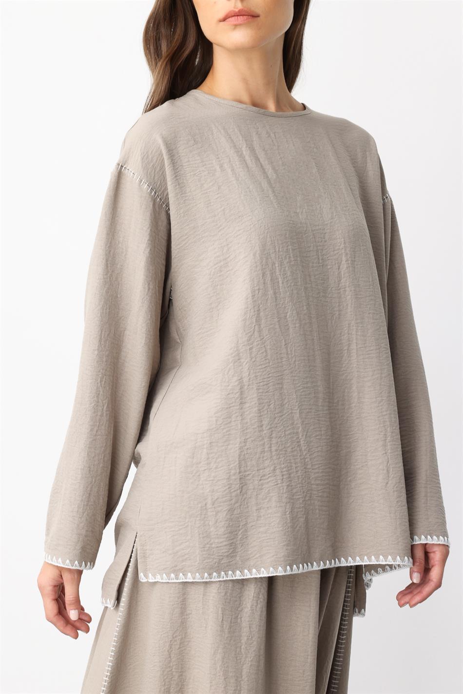 Kenar Nakış Detaylı İpekçe Doku Spor Etek Tunik Kombin Takım-Vizon