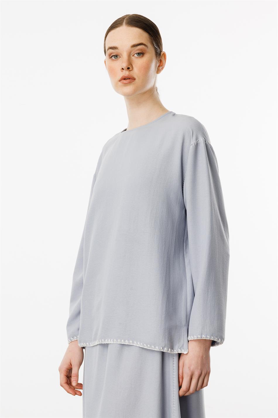 Kenar Nakış Detaylı İpekçe Doku Spor Etek Tunik Kombin Takım-Gri