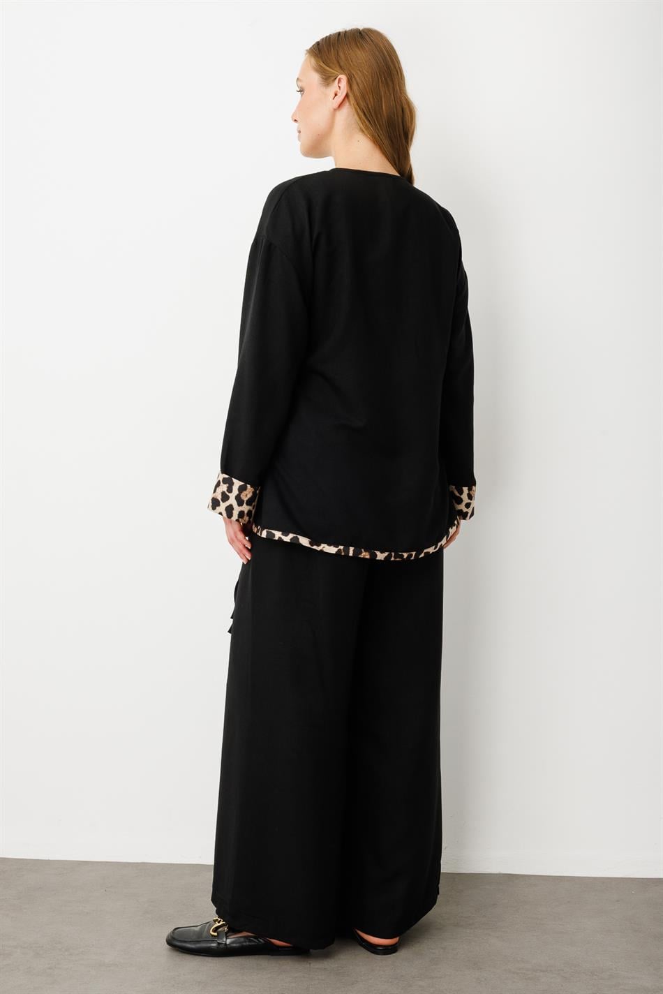 Kimono Kapama Leopar Detaylı Pantalon Kombinli Takım-Siyah