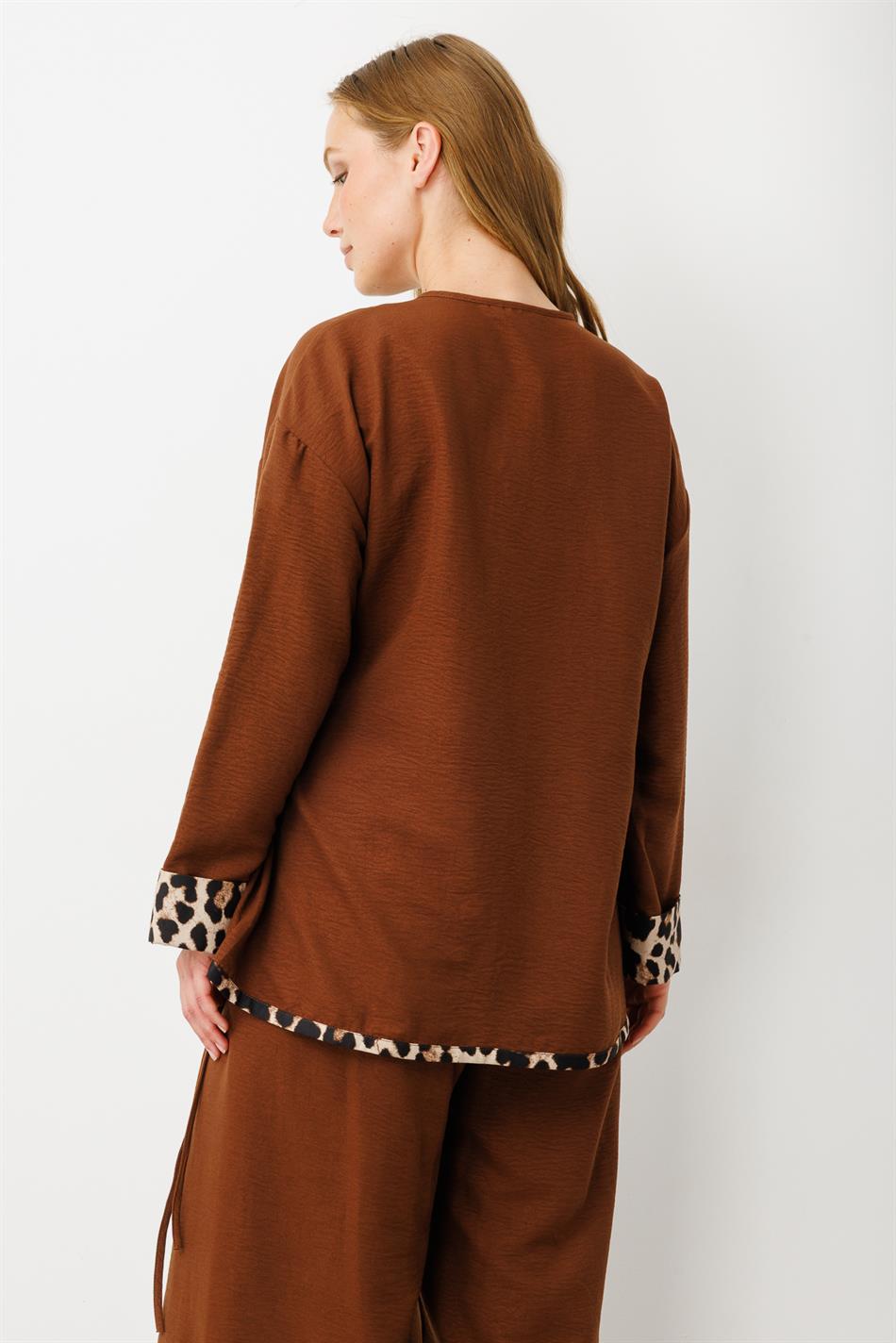 Kimono Kapama Leopar Detaylı Pantalon Kombinli Takım-Kahve
