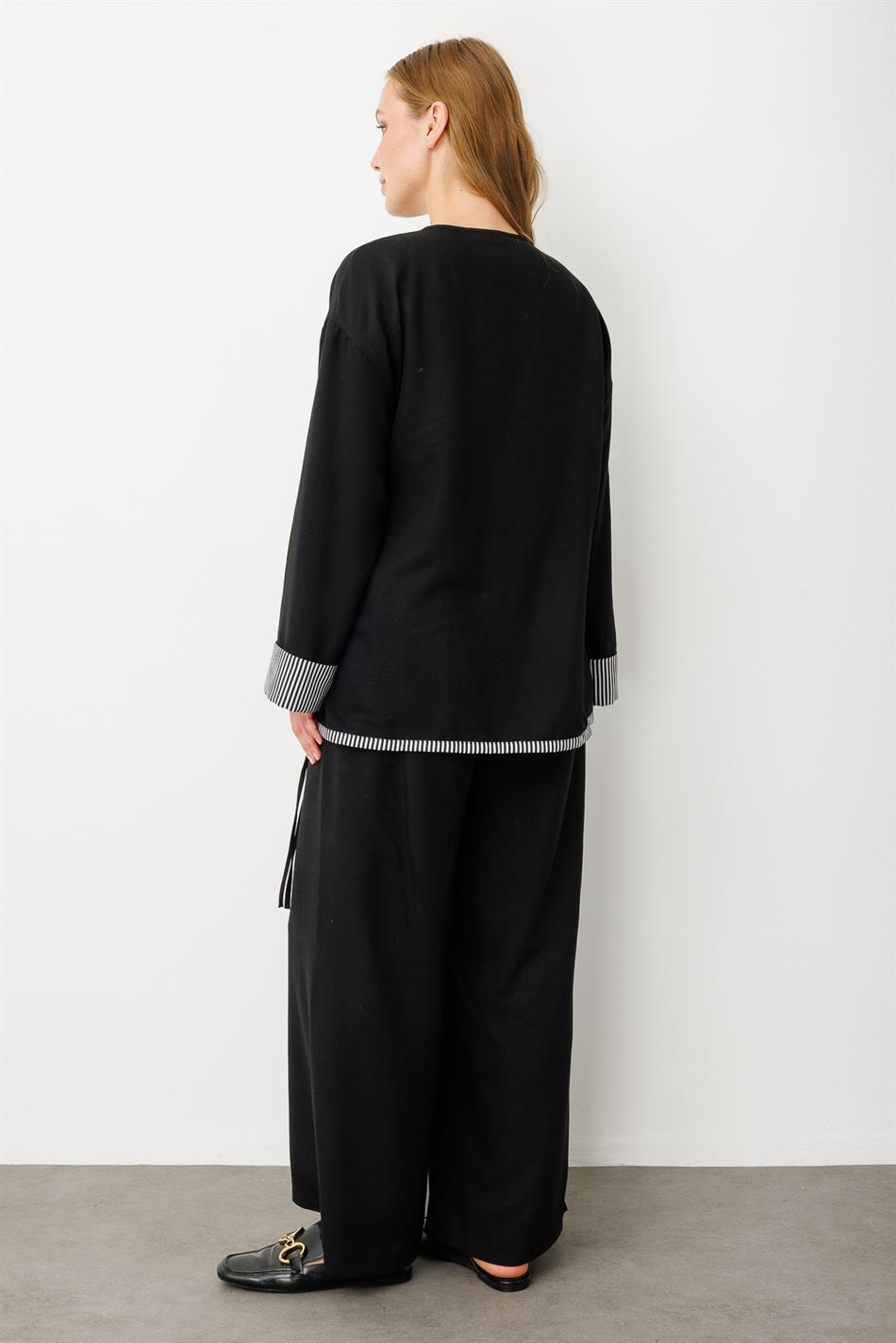 Kimono-style closure, marine-detailed trousers set - Black