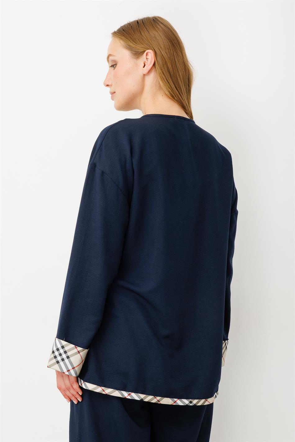 Kimono-Style Set with Special Pattern Detail and Trousers - Navy Blue