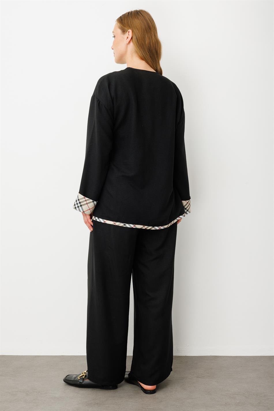 Kimono-achtige set met bijzonder patroon en bijpassende broek - Zwart