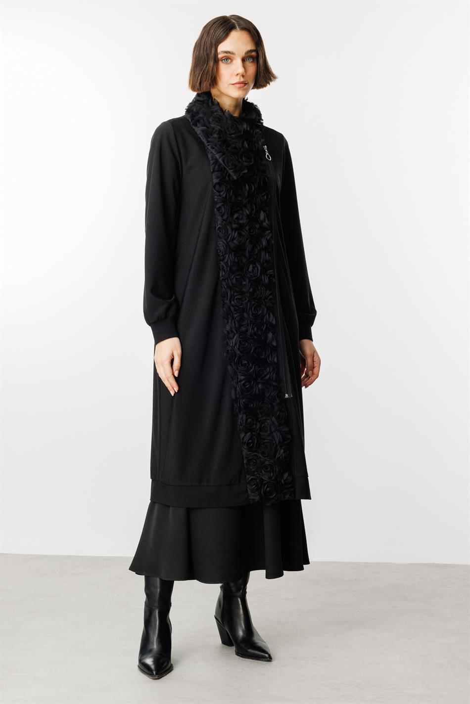 Corded Rose Embroidery Draped Fabric Abaya Coat - Black