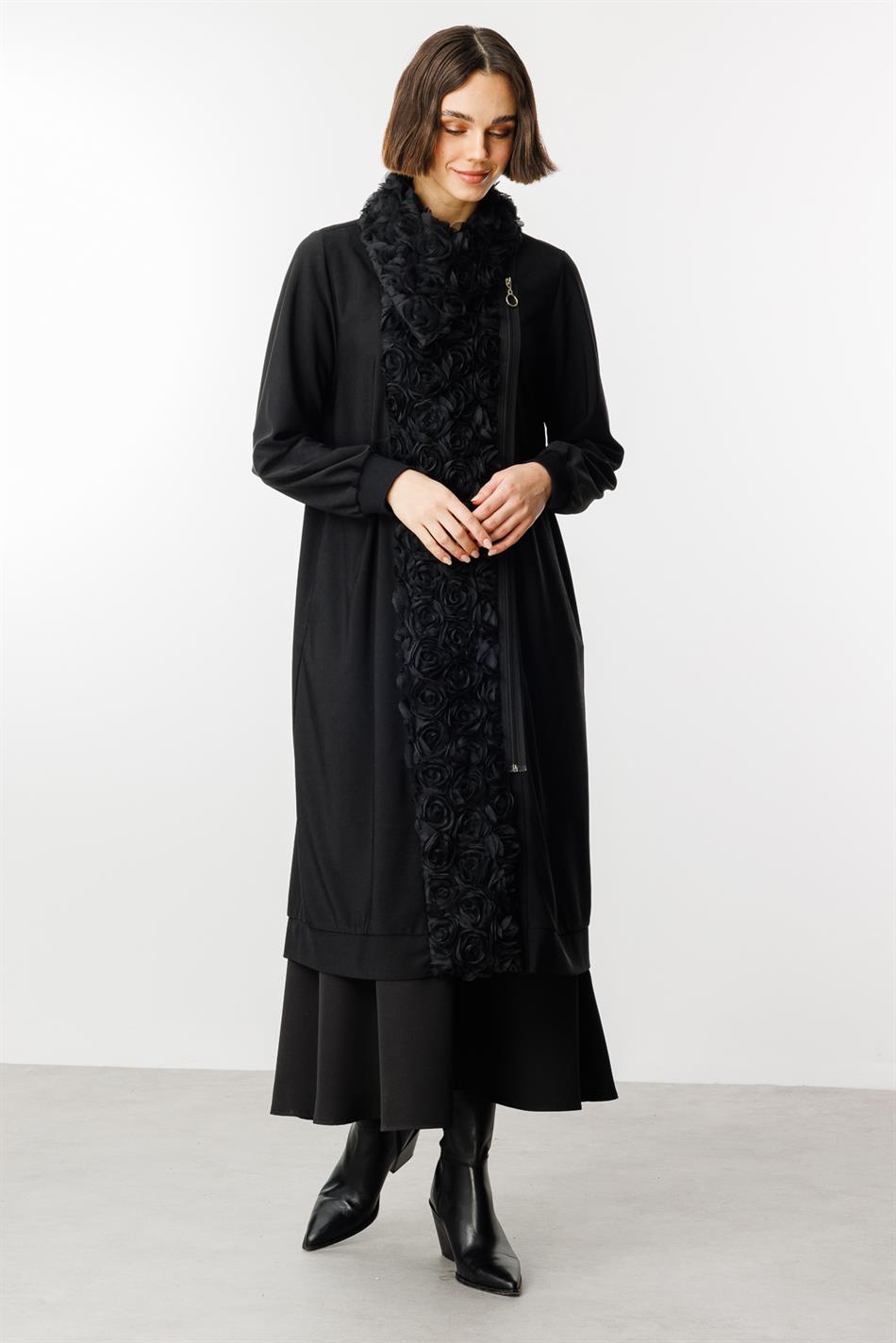 Corded Rose Embroidery Draped Fabric Abaya Coat - Black