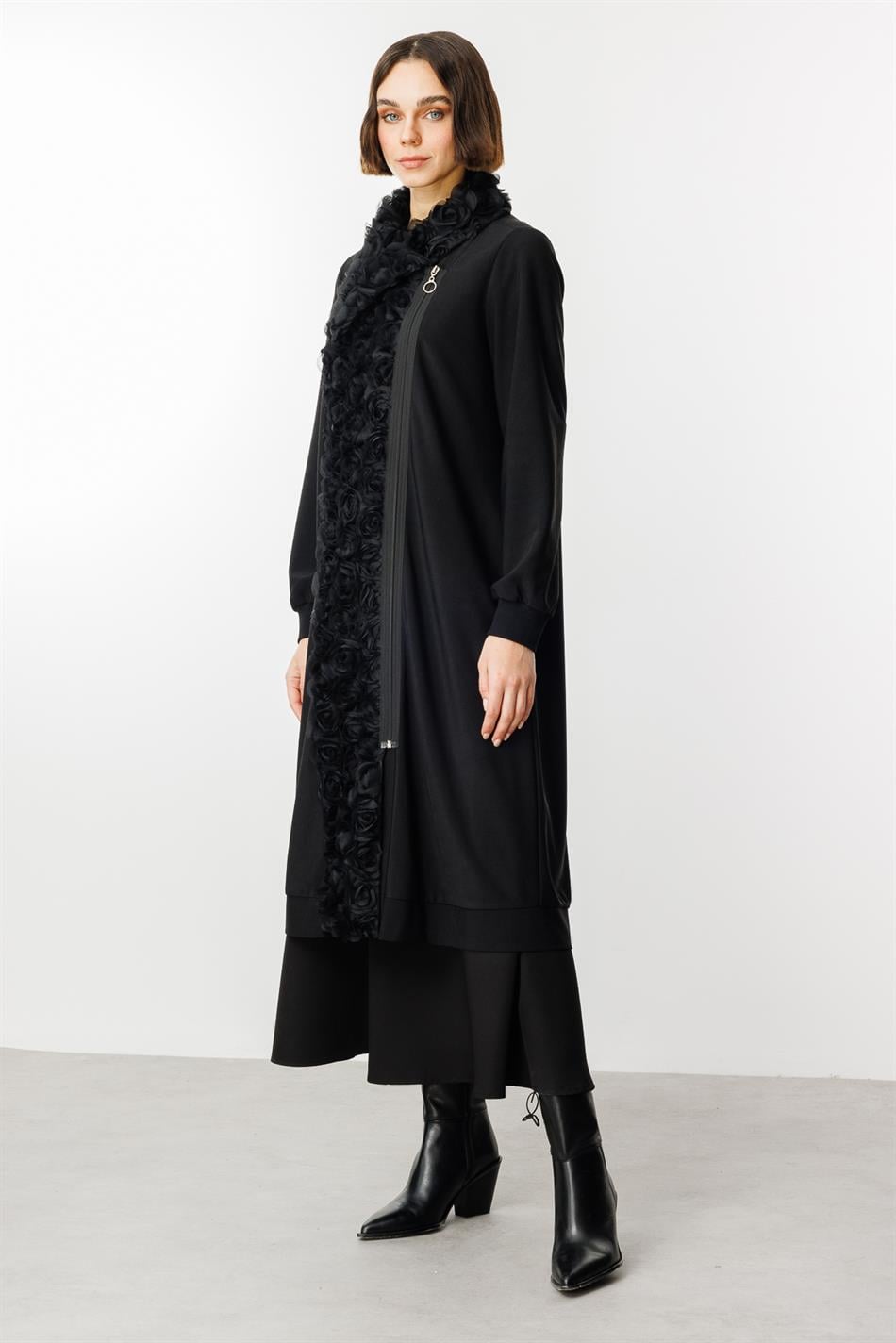 Corded Rose Embroidery Draped Fabric Abaya Coat - Black