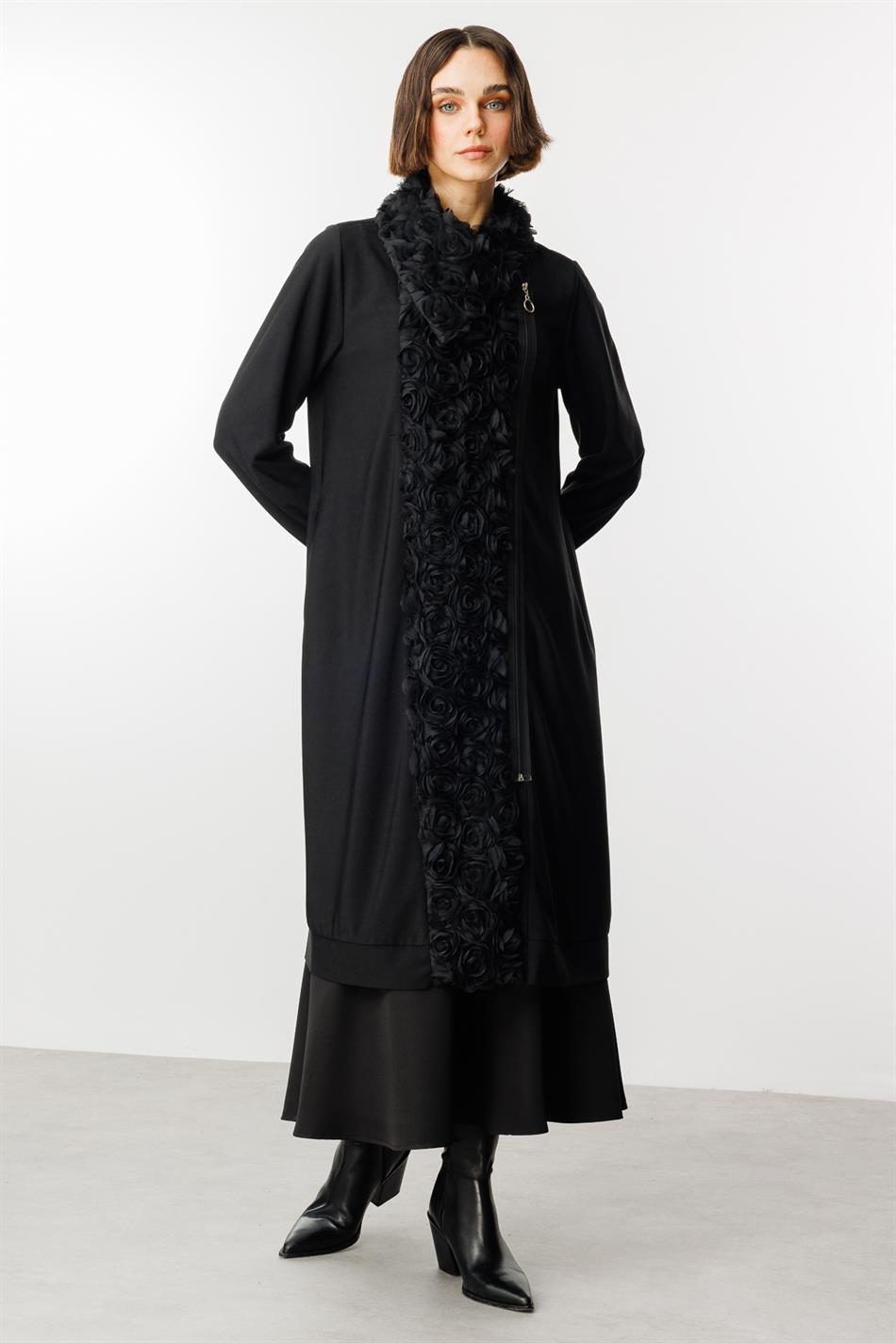 Corded Rose Embroidery Draped Fabric Abaya Coat - Black