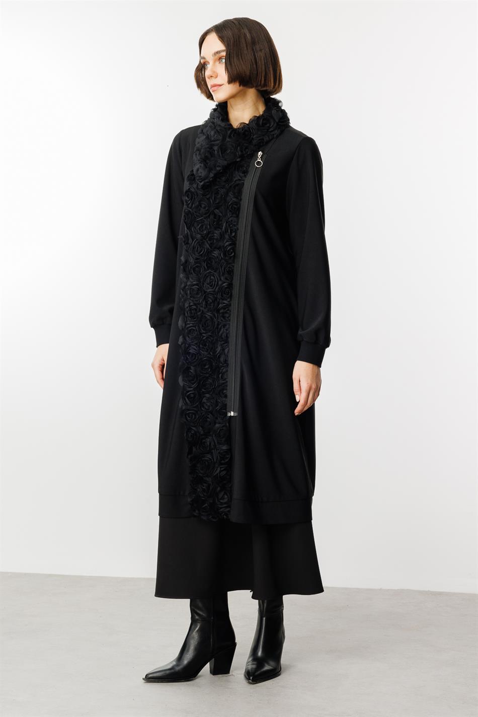 Corded Rose Embroidery Draped Fabric Abaya Coat - Black