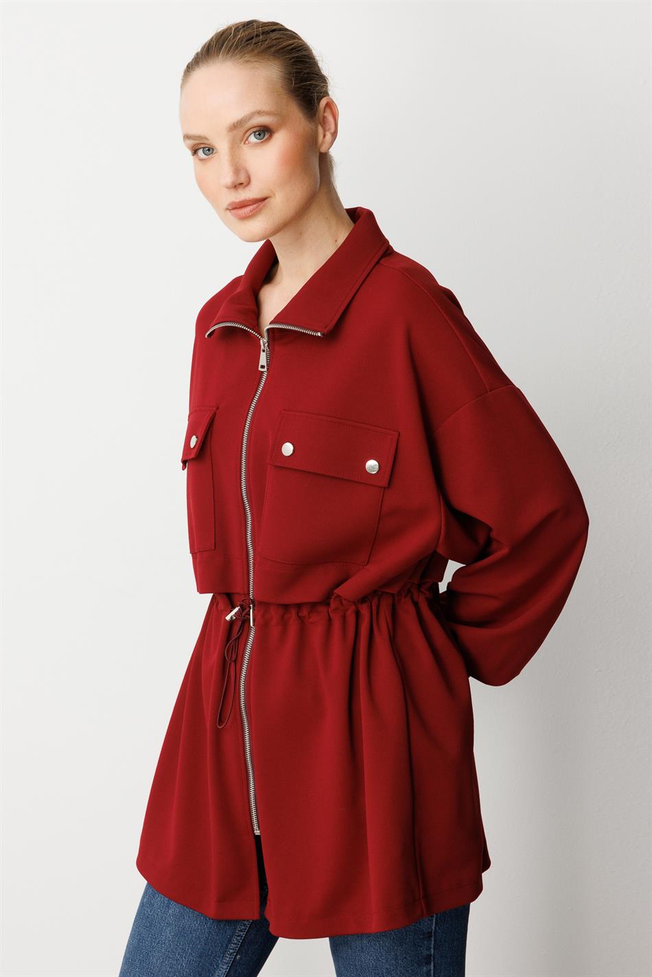 Krep Doku Mevsimlik Basen Örten Zamansız Trench Kap-Bordo