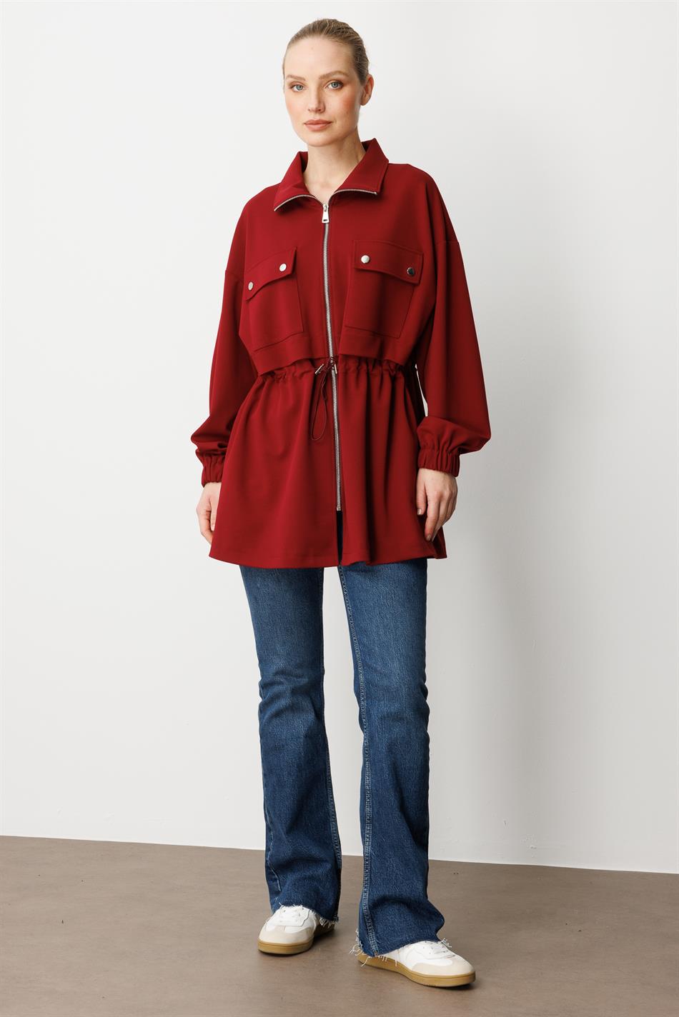 Krep Doku Mevsimlik Basen Örten Zamansız Trench Kap-Bordo