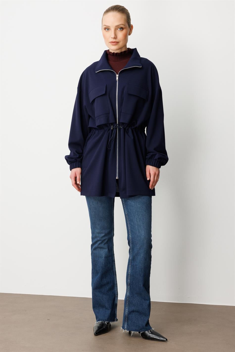 Krep Parça, Mövsümi, Omba Örtücü, Zamansız Trench Palto - Tünd Göy