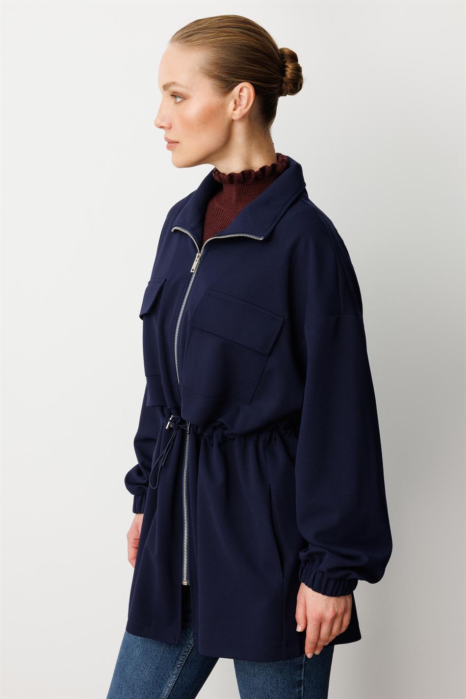 Krep Parça, Mövsümi, Omba Örtücü, Zamansız Trench Palto - Tünd Göy