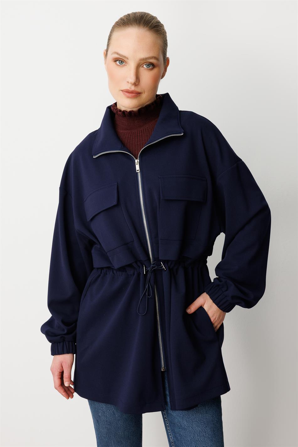 Krep Parça, Mövsümi, Omba Örtücü, Zamansız Trench Palto - Tünd Göy