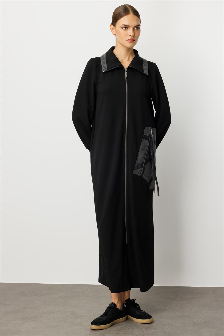 Crepe Fabric, Special Handcrafted Pattern Embroidery, Sporty Timeless Coat/Case - Black