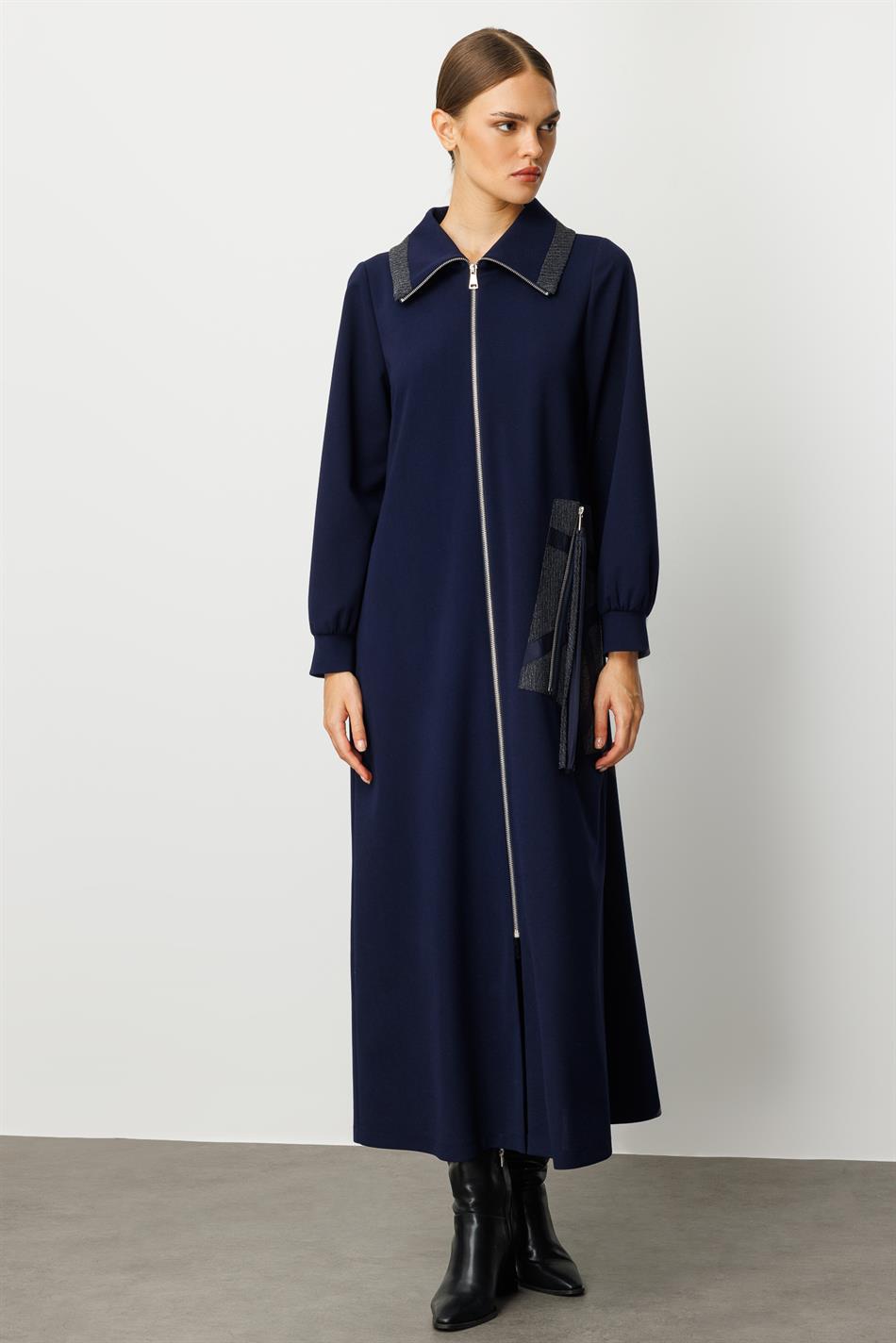 Crepe Fabric, Special Handcrafted Pattern Embroidery, Sporty, Timeless Coat/Case - Navy Blue