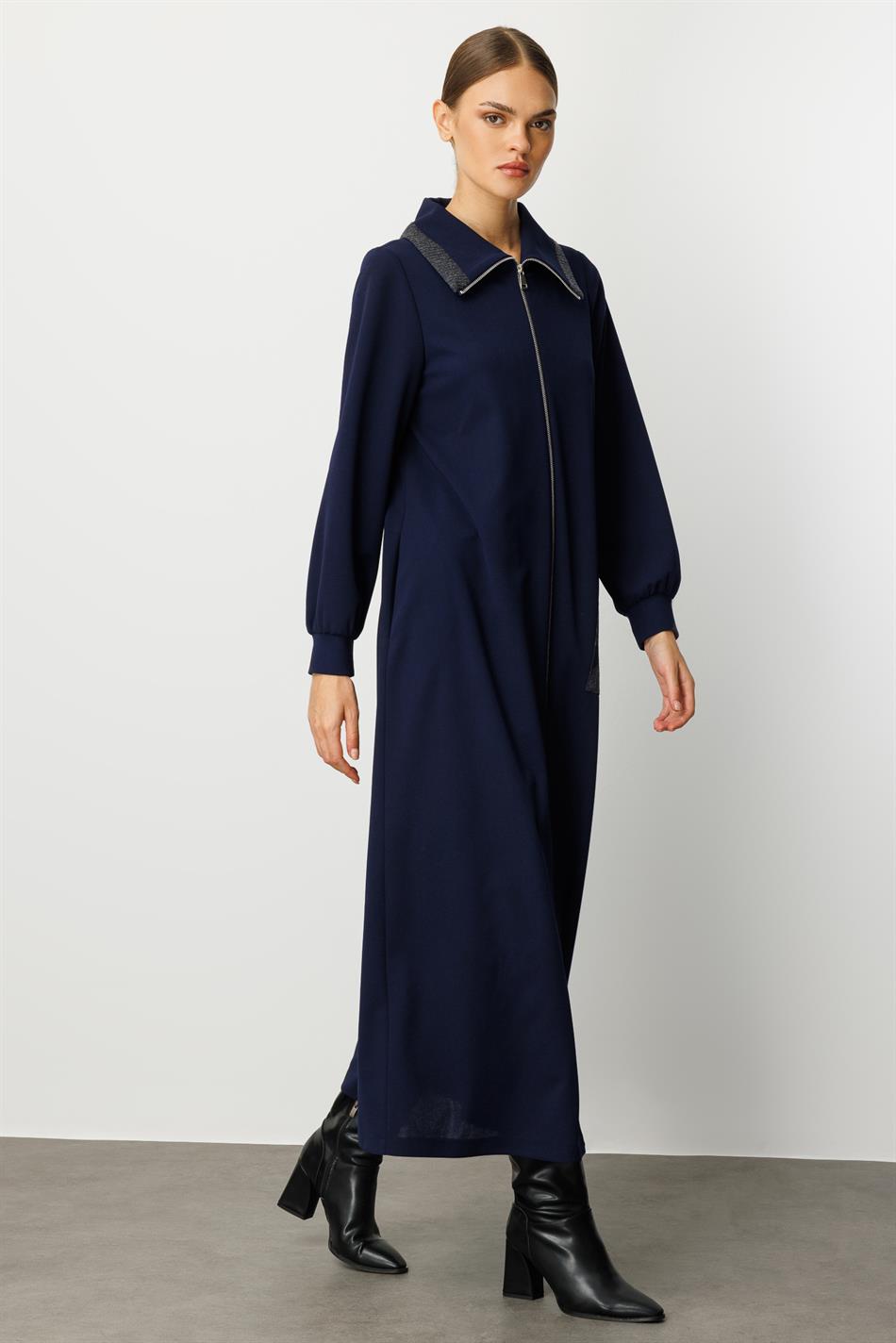 Crepe Fabric, Special Handcrafted Pattern Embroidery, Sporty, Timeless Coat/Case - Navy Blue