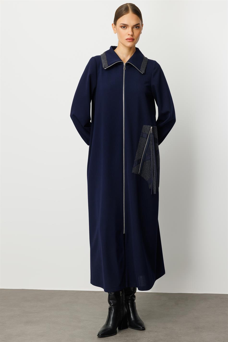 Crepe Fabric, Special Handcrafted Pattern Embroidery, Sporty, Timeless Coat/Case - Navy Blue