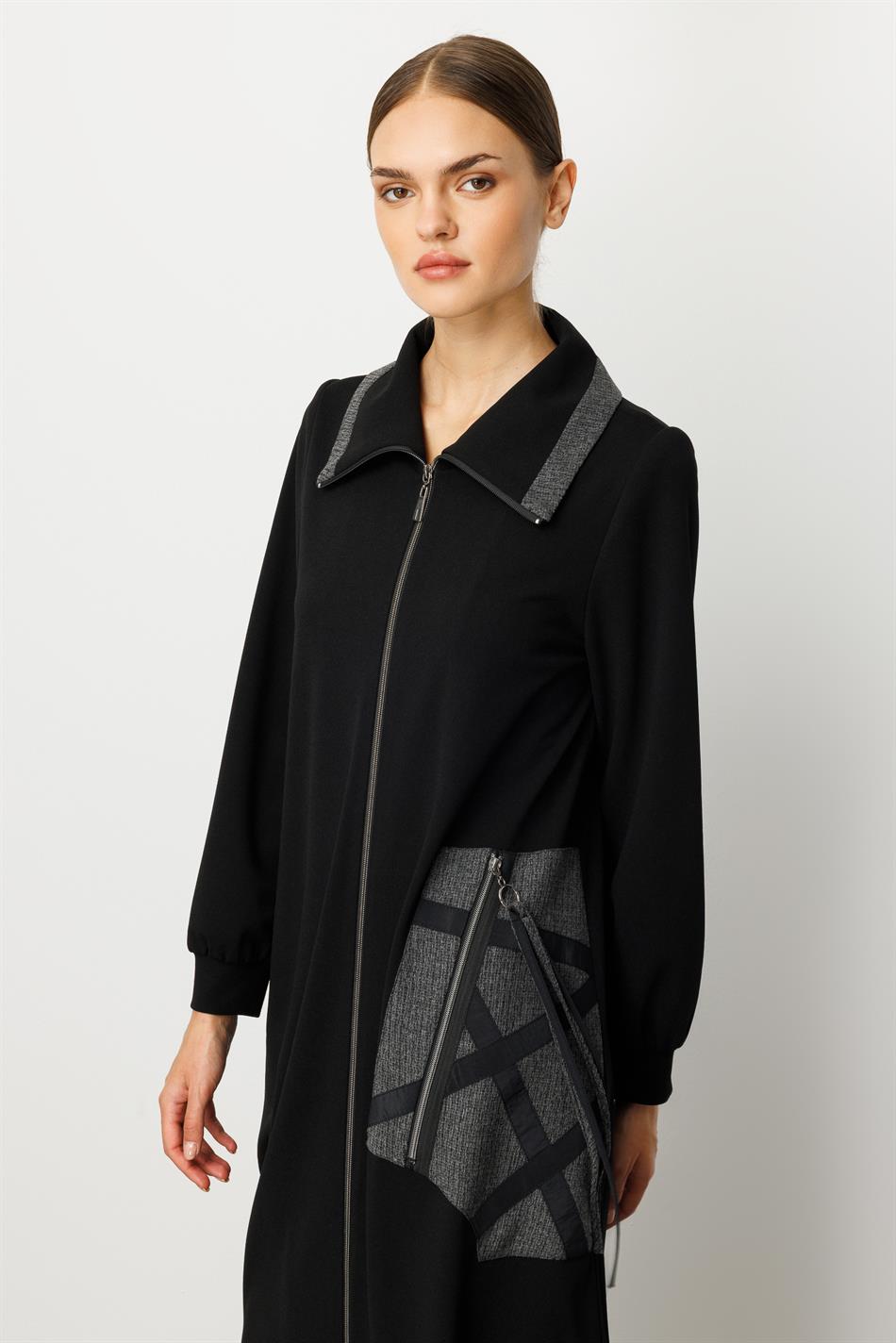 Crepe Fabric, Special Handcrafted Pattern Embroidery, Sporty Timeless Coat/Case - Black