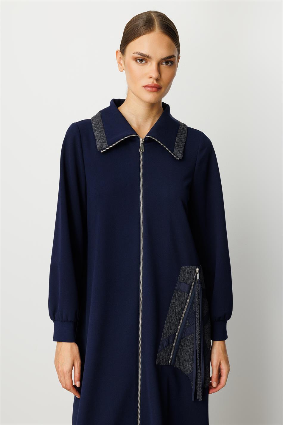 Crepe Fabric, Special Handcrafted Pattern Embroidery, Sporty, Timeless Coat/Case - Navy Blue