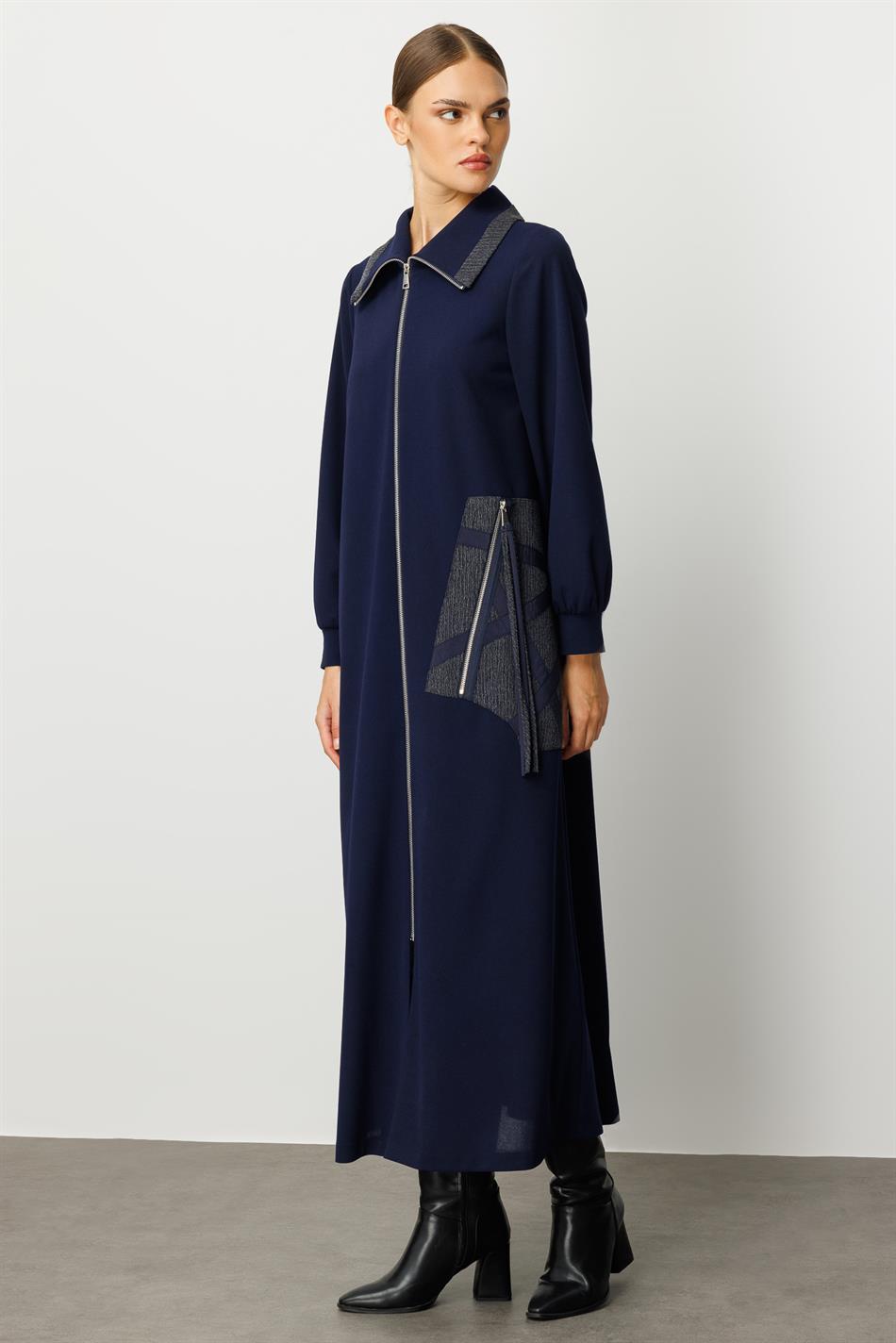 Crepe Fabric, Special Handcrafted Pattern Embroidery, Sporty, Timeless Coat/Case - Navy Blue