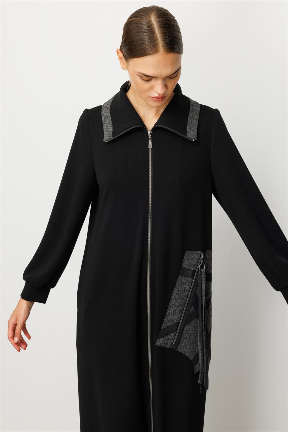 Crepe Fabric, Special Handcrafted Pattern Embroidery, Sporty Timeless Coat/Case - Black