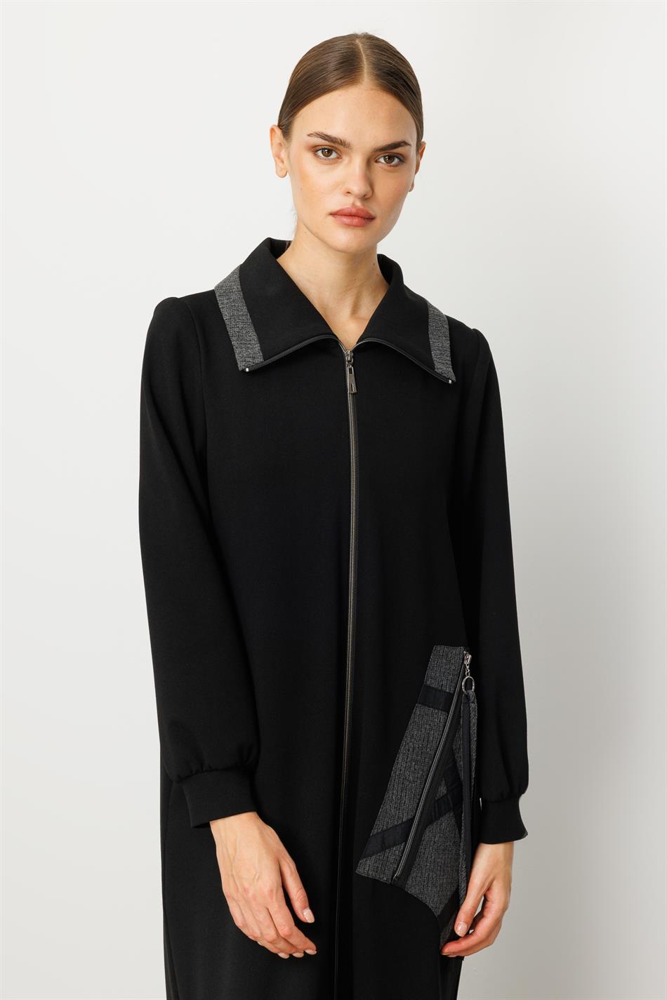 Crepe Fabric, Special Handcrafted Pattern Embroidery, Sporty Timeless Coat/Case - Black