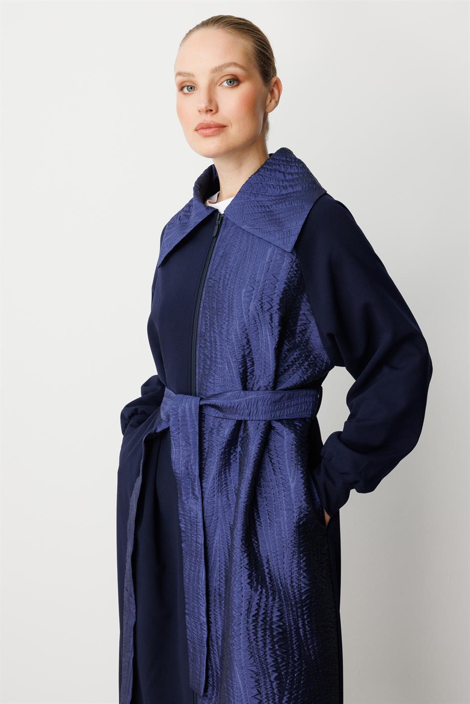 Crepe Texture and Jacquard Mix Trim, Lined Timeless Trench Coat - Navy