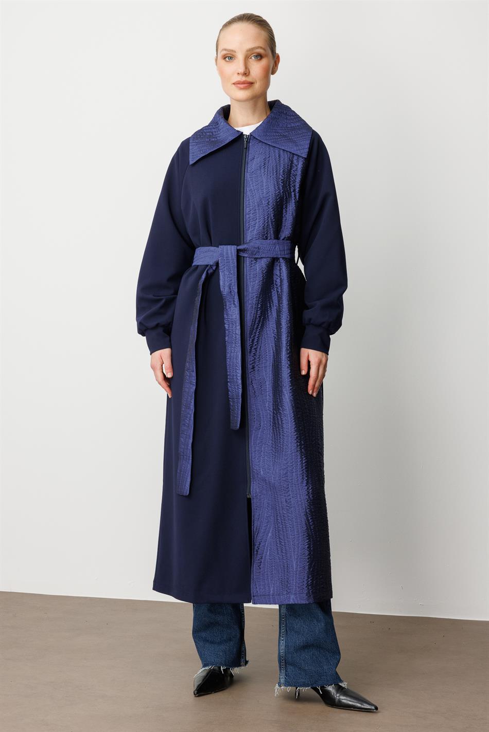 Crepe Texture and Jacquard Mix Trim, Lined Timeless Trench Coat - Navy