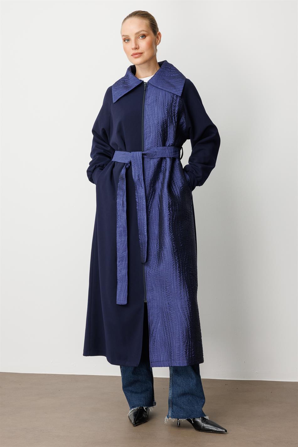 Crepe Texture and Jacquard Mix Trim, Lined Timeless Trench Coat - Navy