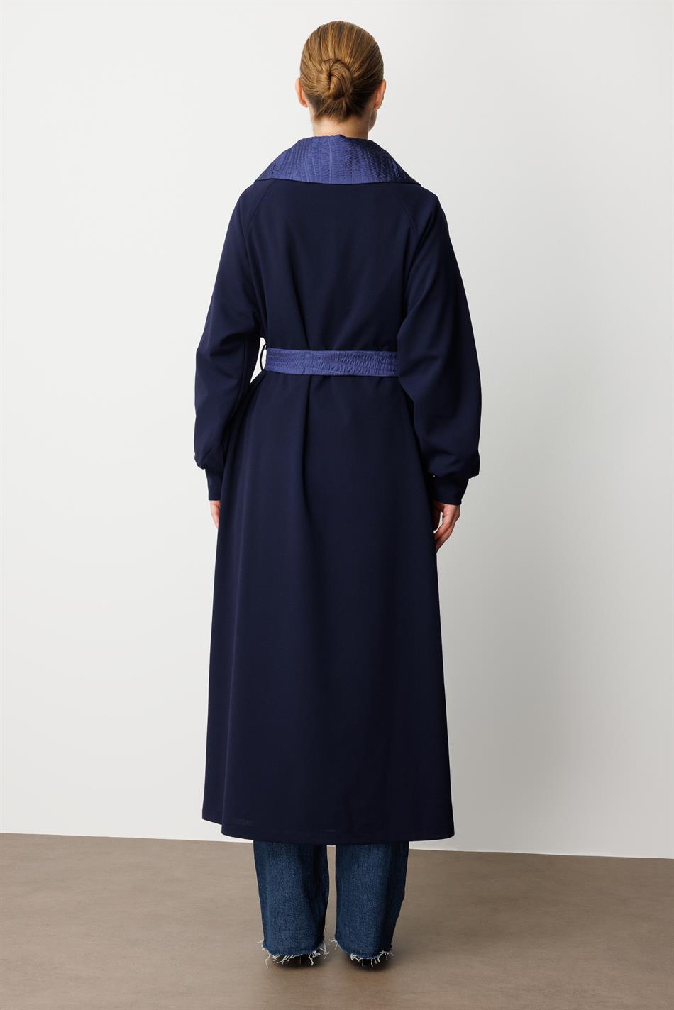 Crepe Texture and Jacquard Mix Trim, Lined Timeless Trench Coat - Navy