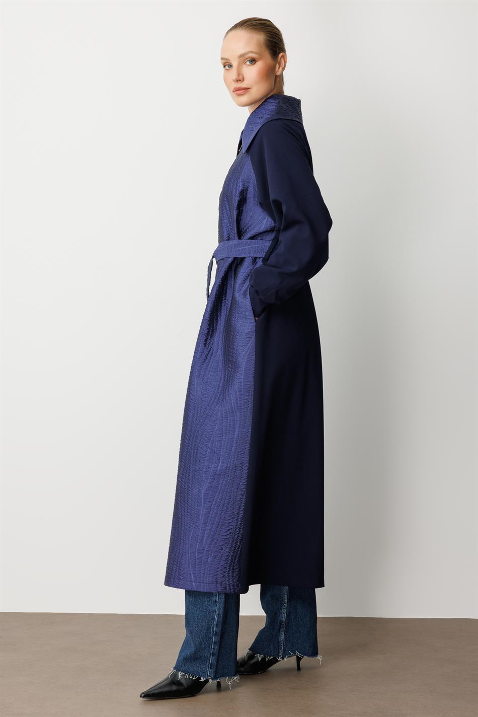 Crepe Texture and Jacquard Mix Trim, Lined Timeless Trench Coat - Navy