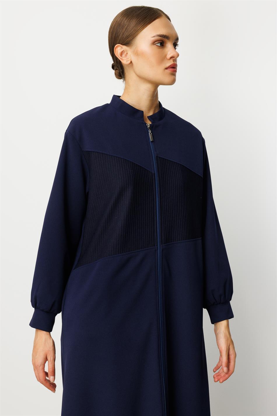 Crepe Texture and Otto Fabric Gradient Fully Lined Timeless Sporty Seasonal Coat/Trench - Navy