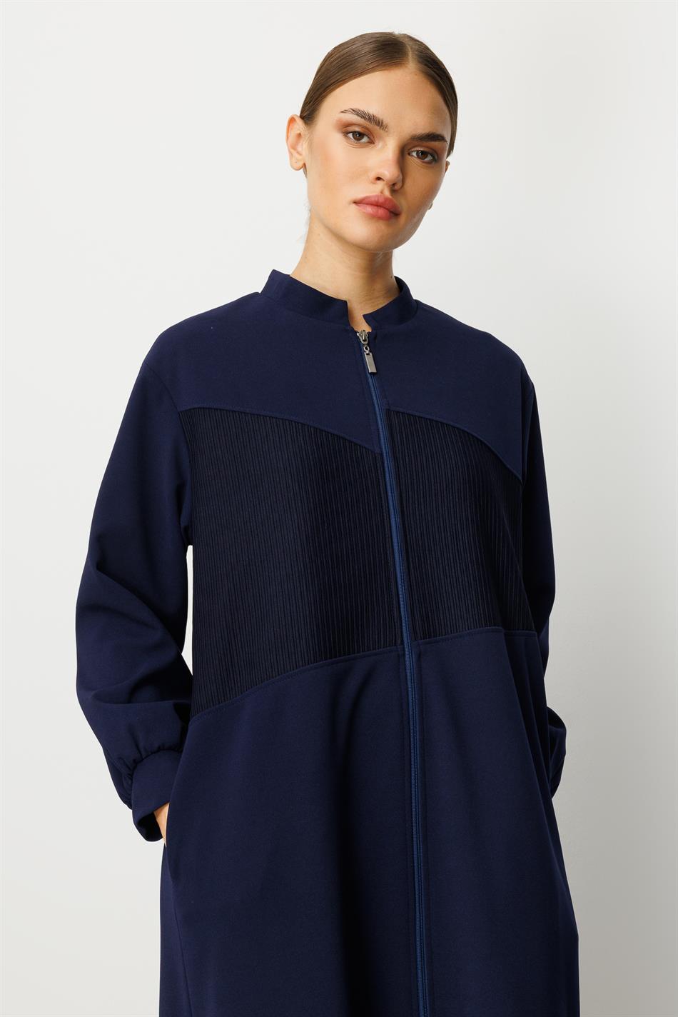 Crepe Texture and Otto Fabric Gradient Fully Lined Timeless Sporty Seasonal Coat/Trench - Navy