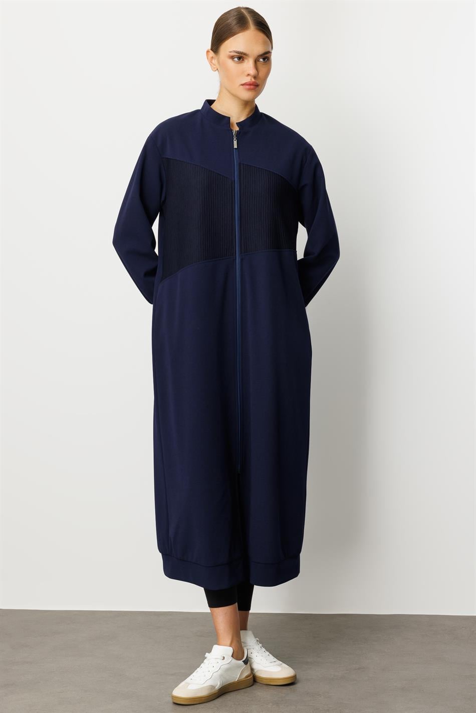 Crepe Texture and Otto Fabric Gradient Fully Lined Timeless Sporty Seasonal Coat/Trench - Navy
