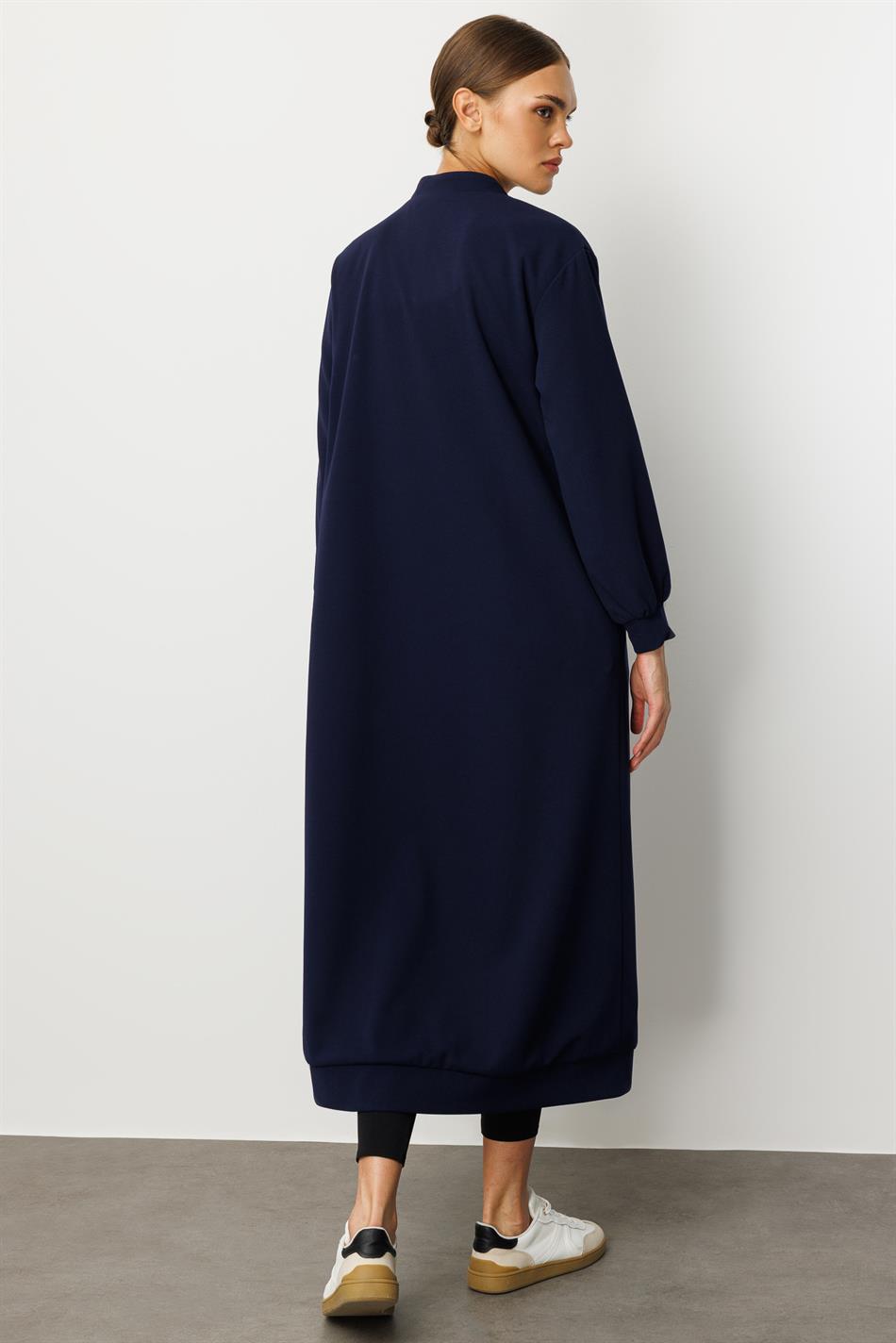 Crepe Texture and Otto Fabric Gradient Fully Lined Timeless Sporty Seasonal Coat/Trench - Navy