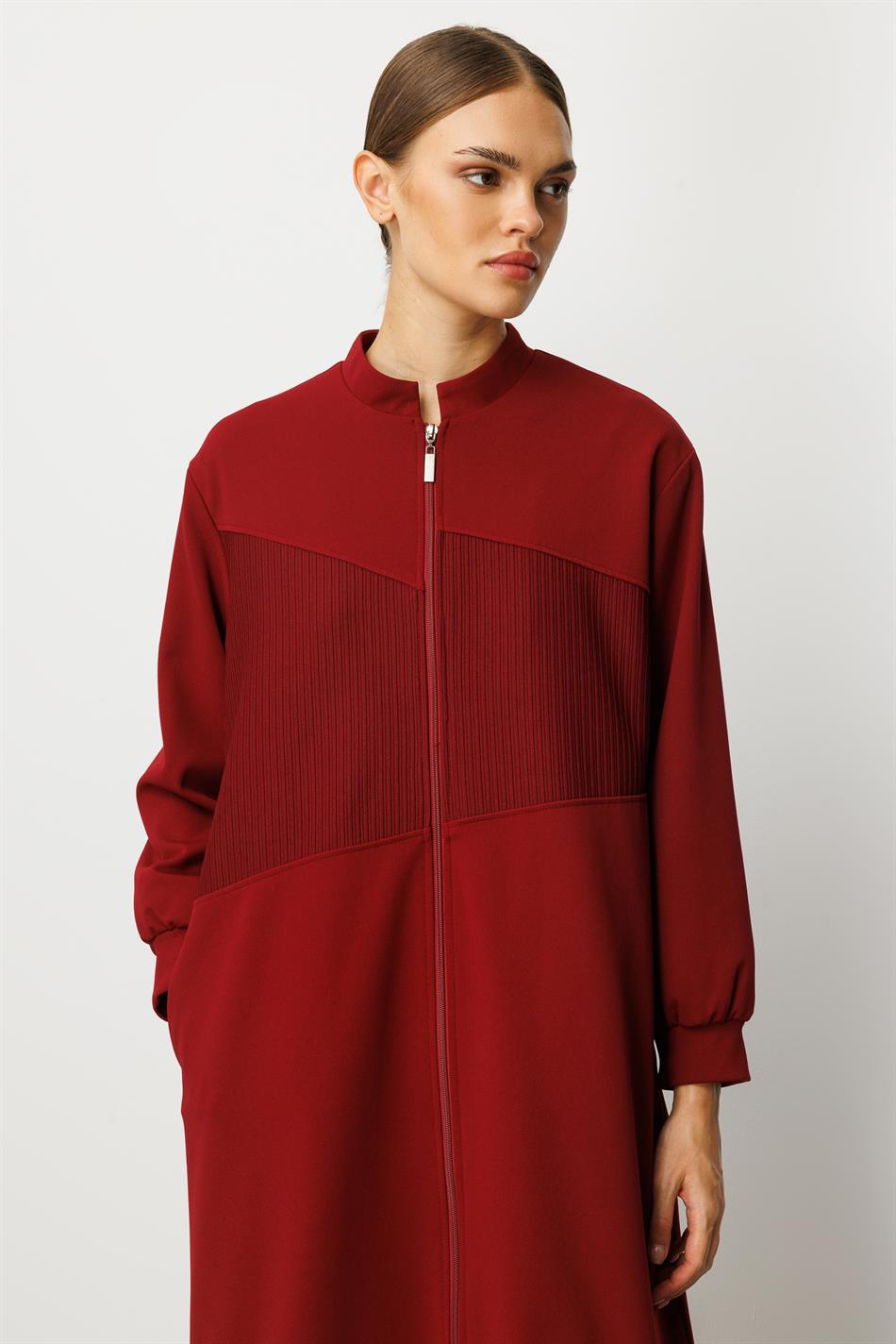 Crêpe textuur en Otto stof met kleurverloop, volledig gevoerd, tijdloze sportieve seizoensjas/trenchcoat - Bordeauxrood