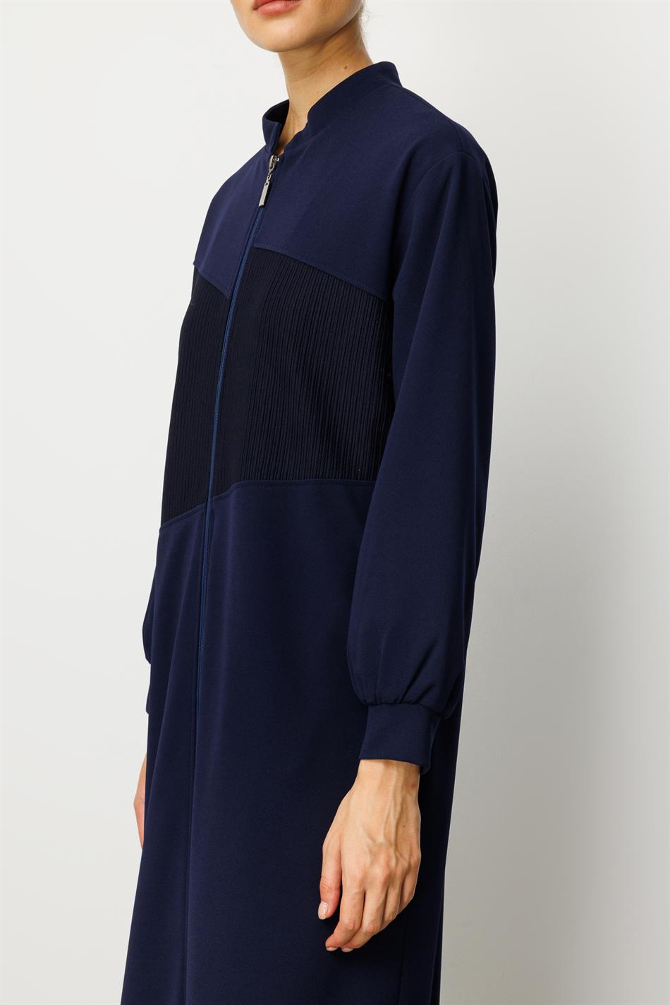 Crepe Texture and Otto Fabric Gradient Fully Lined Timeless Sporty Seasonal Coat/Trench - Navy