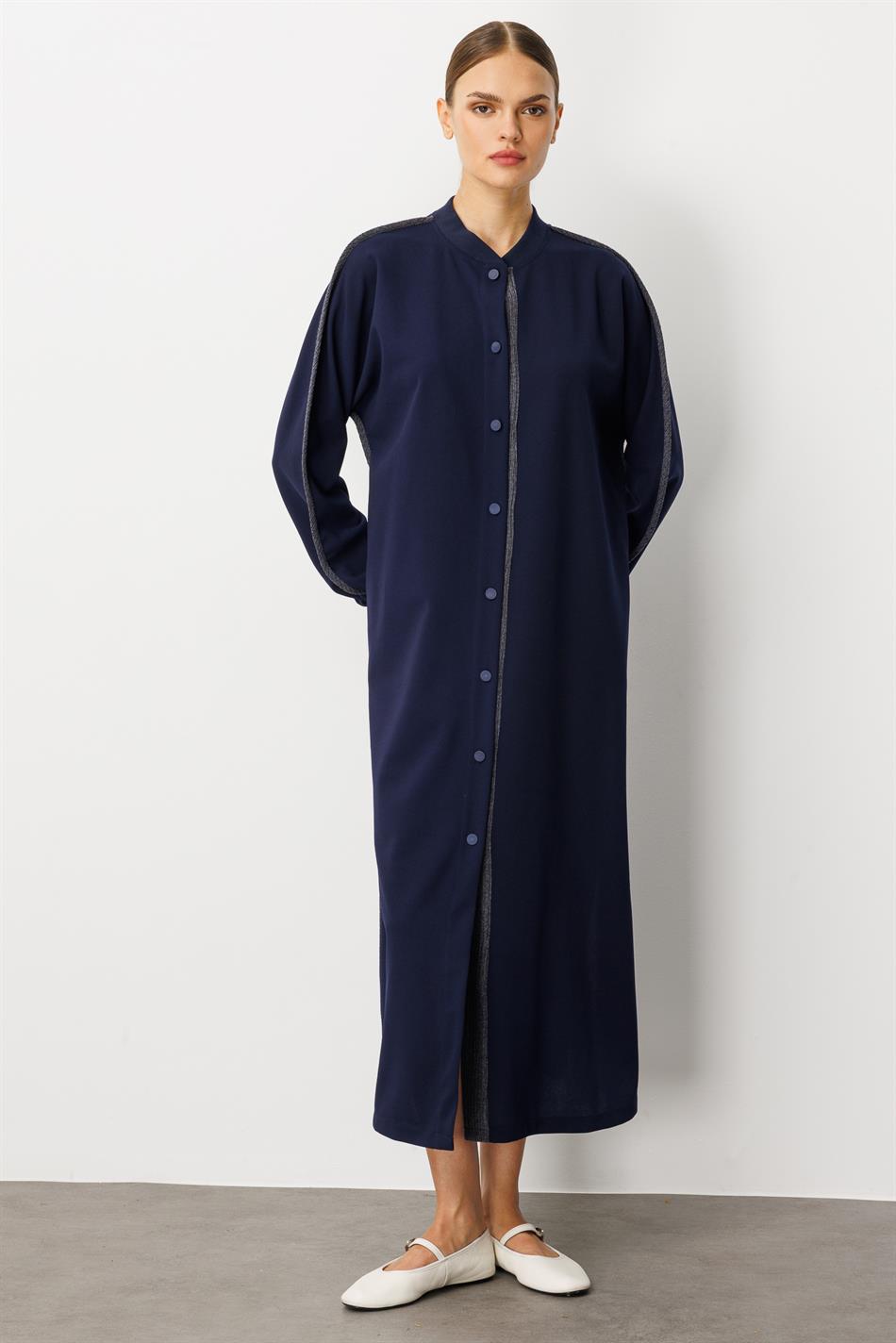 Crepe Fabric, Stretchy Texture, Pleated Detail, Comfortable Abaya - Navy Blue