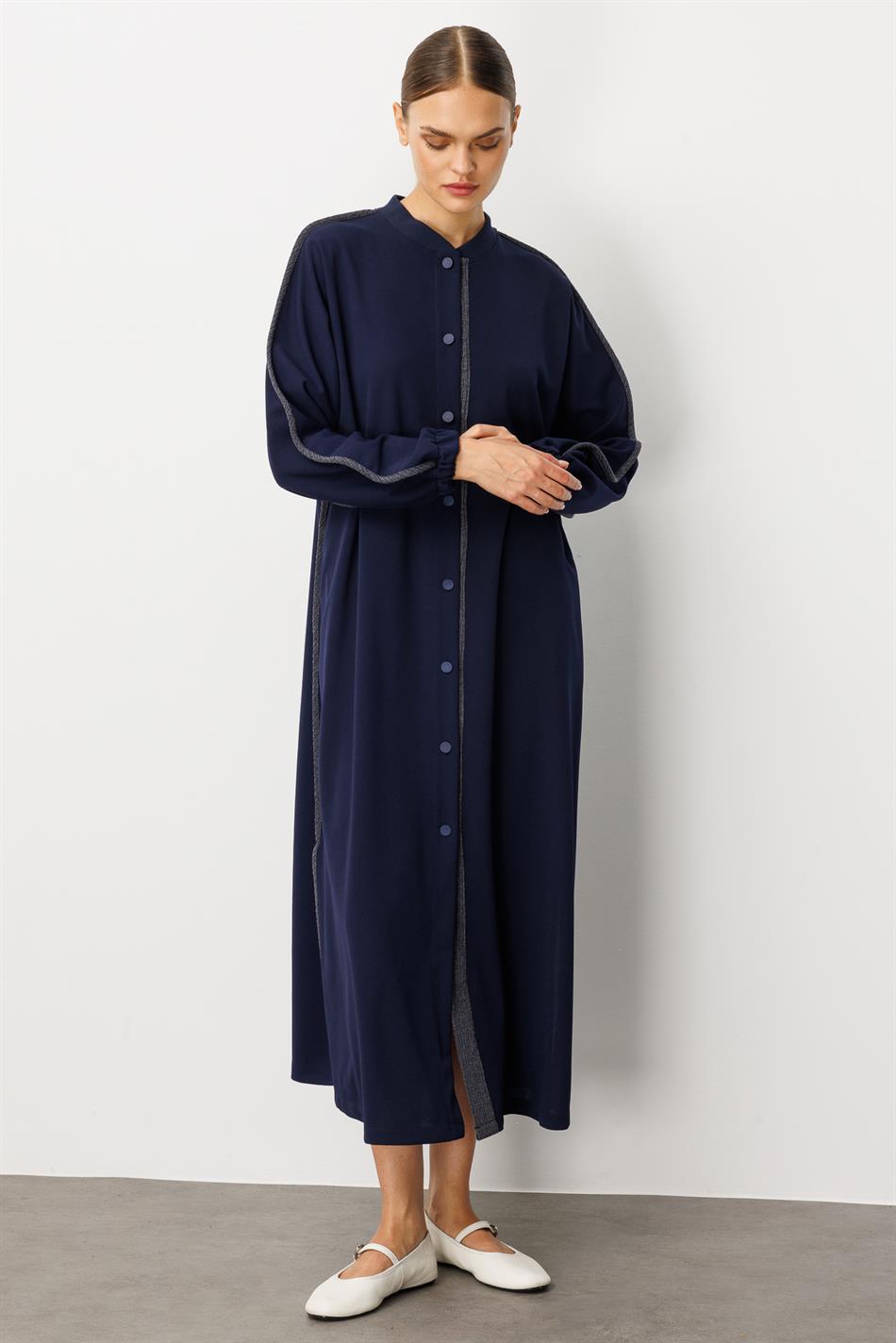 Crepe Fabric, Stretchy Texture, Pleated Detail, Comfortable Abaya - Navy Blue