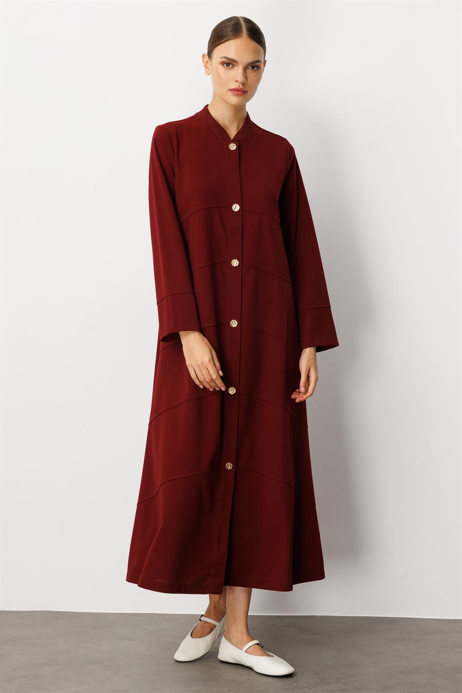 Krep Esnek Doku Elişi  Garni Detaylı Kap Ferace-Bordo