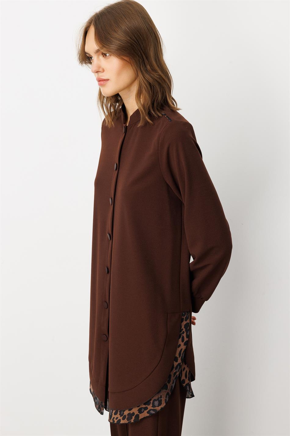 Crêpe stretchstof met luipaardprint en chiffon details - Cape Abaya - Koffie