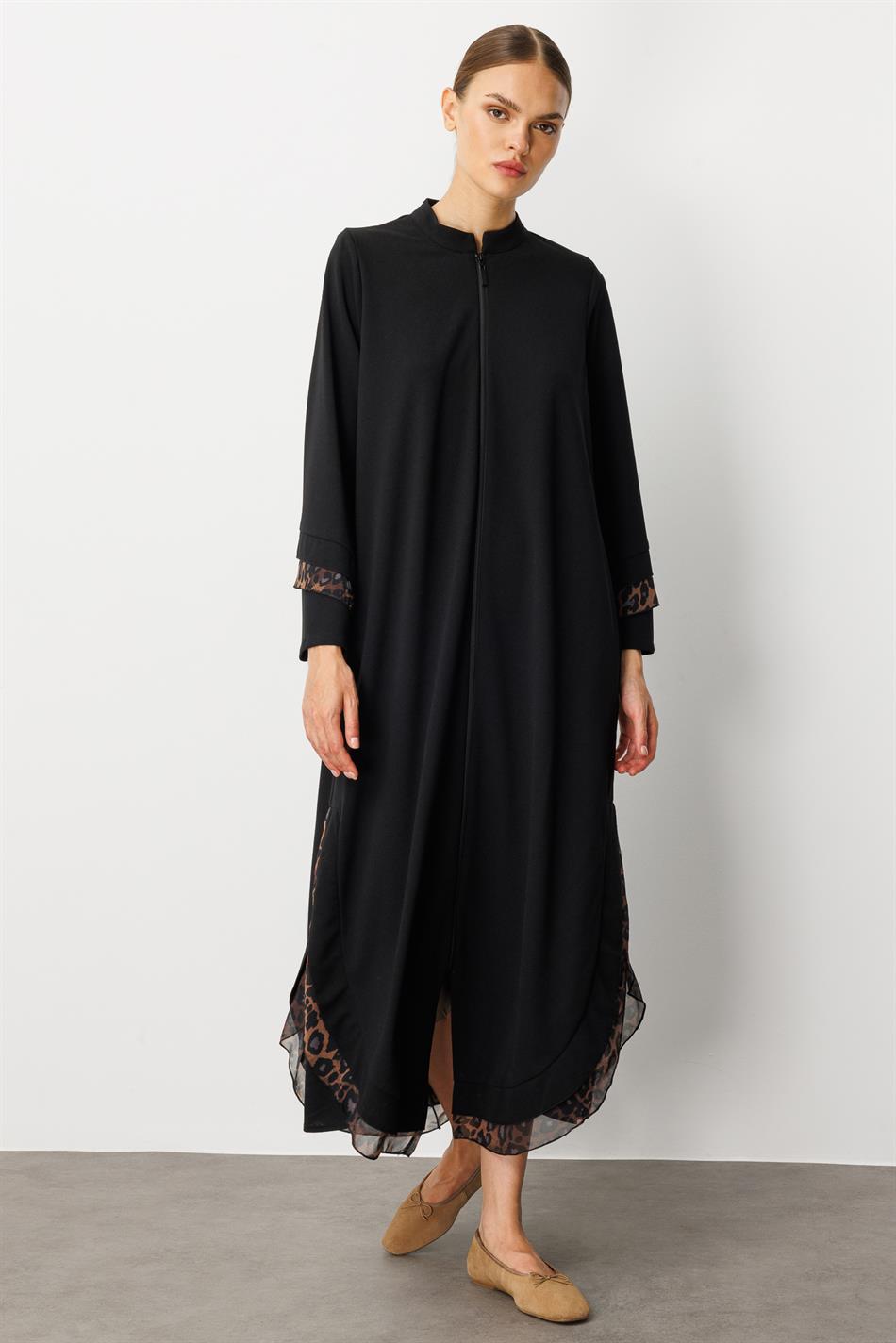 Crepe Stretch Fabric Leopard Chiffon Embellished Detail Cape Abaya - Black