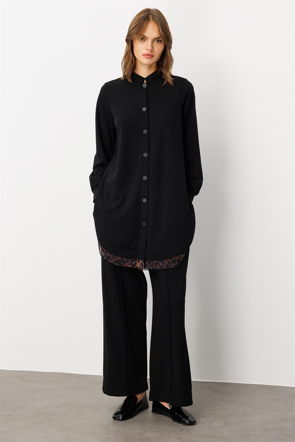 Capaya/abaya van crêpe stretchstof met luipaardprint en chiffon details - Zwart