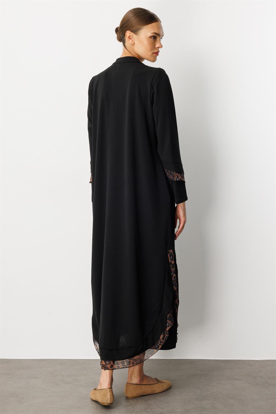 Crepe Stretch Fabric Leopard Chiffon Embellished Detail Cape Abaya - Black