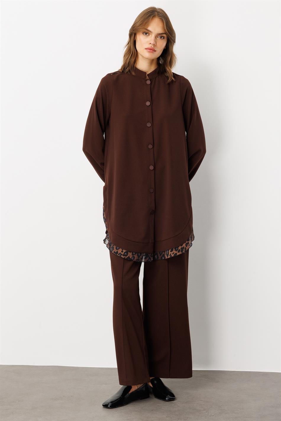 Crêpe stretchstof met luipaardprint en chiffon details - Cape Abaya - Koffie